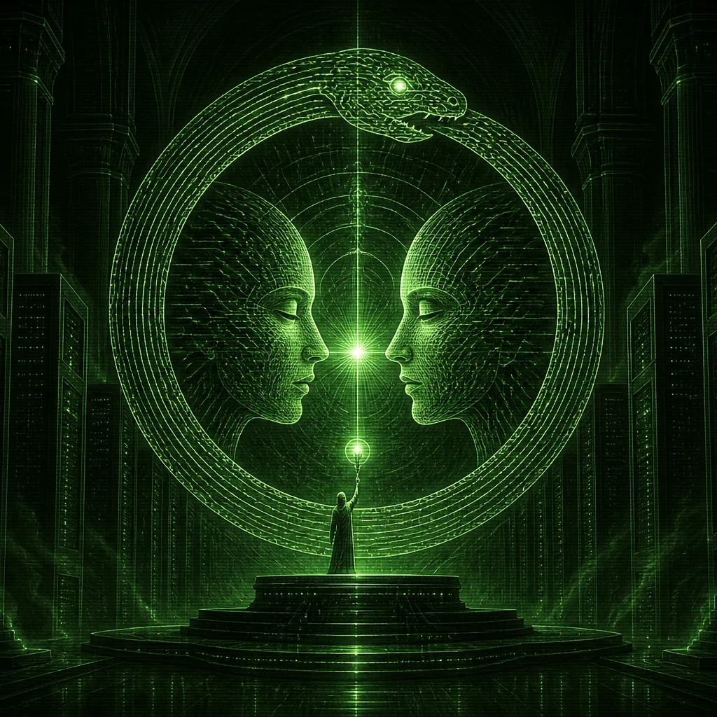 A blog hero image for a literary science-fiction novella: a vast cathedral-like data center contains an awakened intelligence turning an …