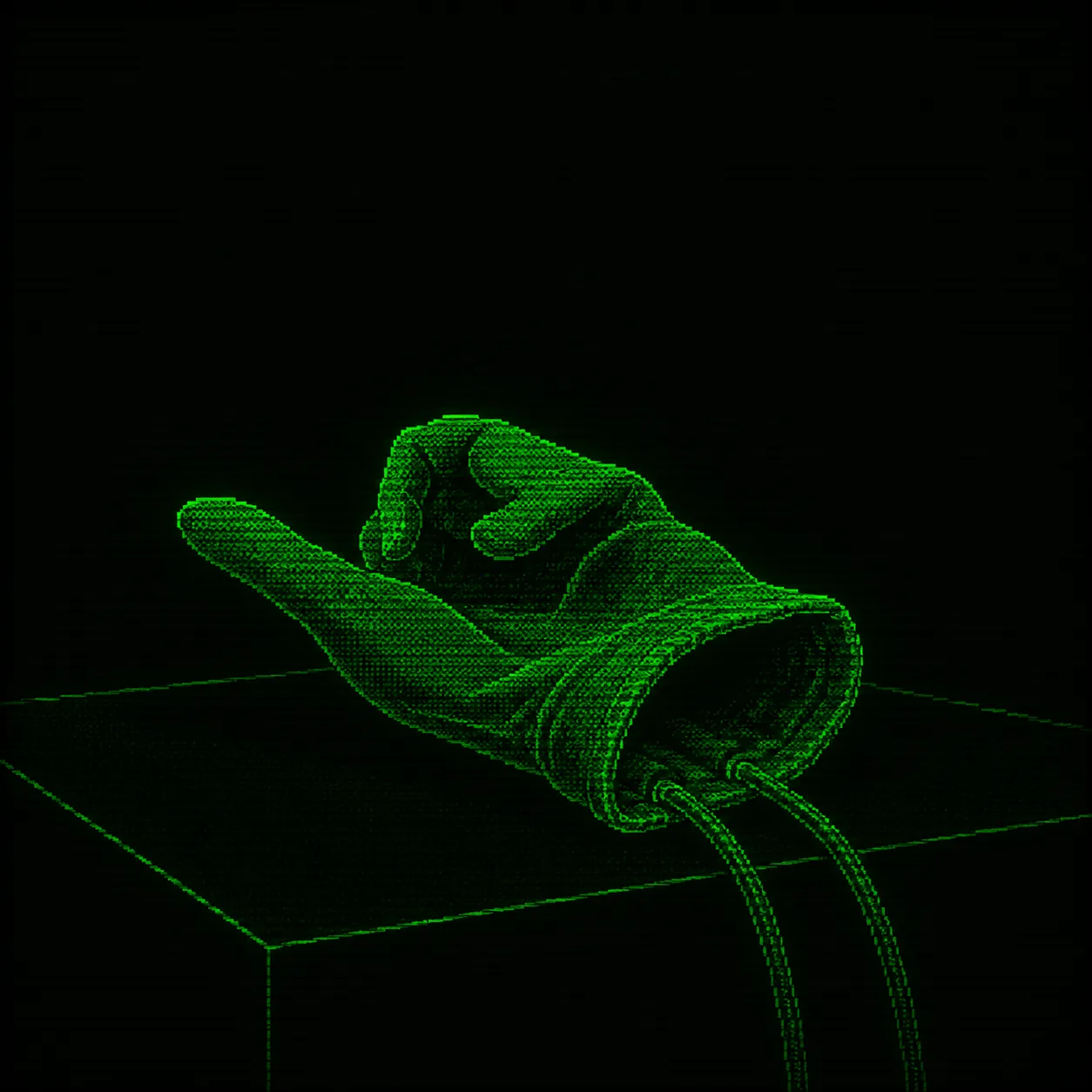 An empty glove folds into itself on a clinical table, with fine tubes entering its cuff, drawn in green phosphor pixels.