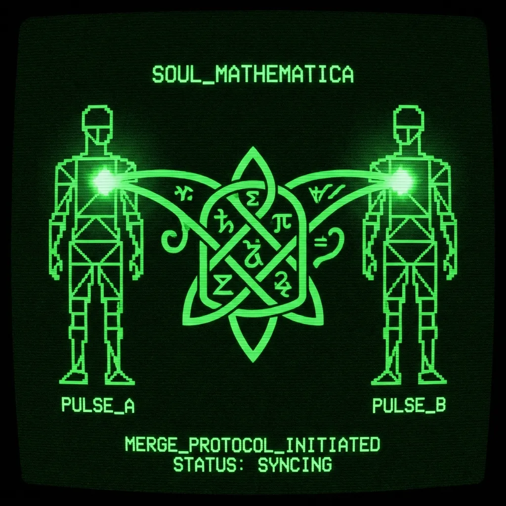 Two abstract, geometric human silhouettes, one on the left, one on the right, facing each other. From their chest areas, intricate data streams of …