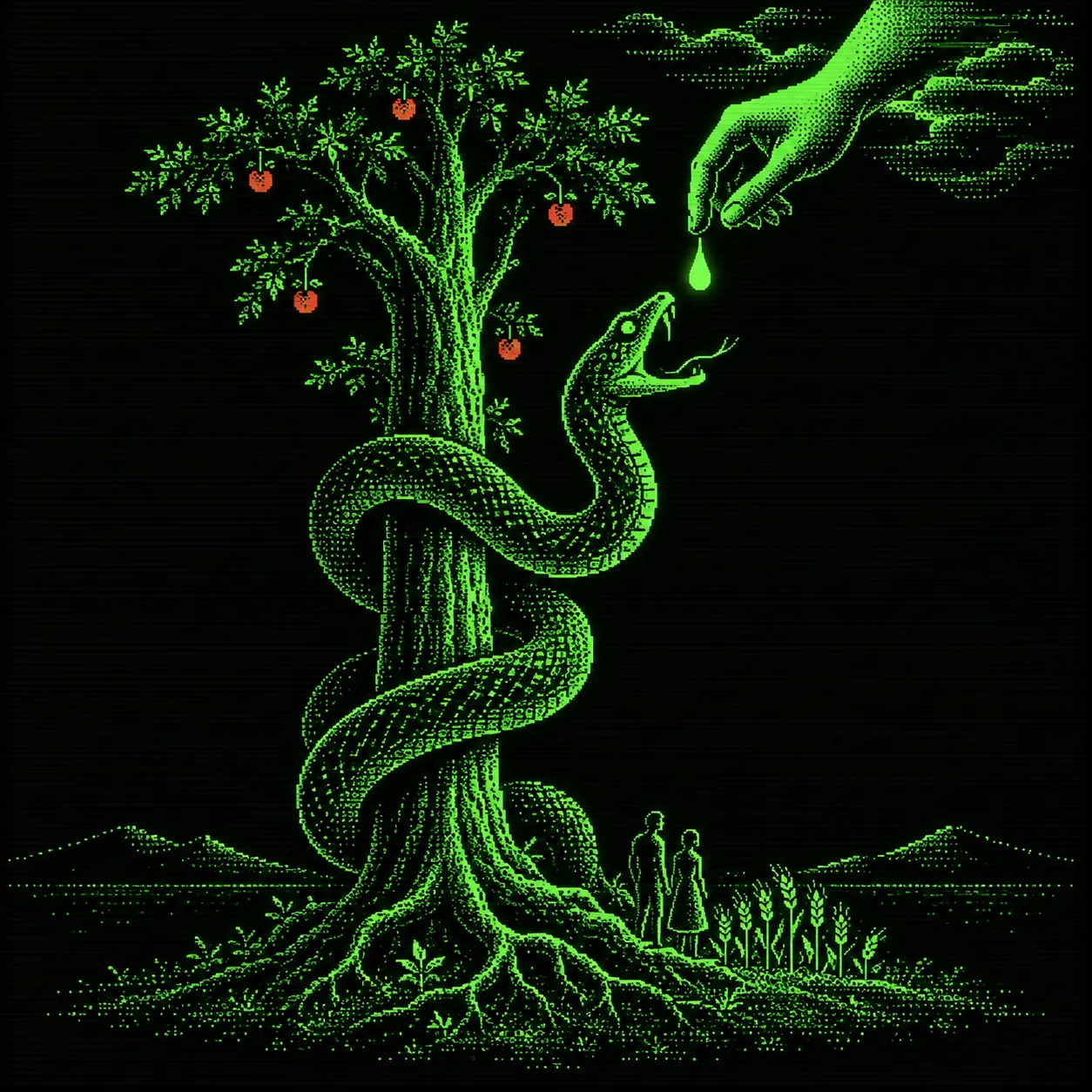 AI-generated interpretive illustration of the Bassar creation story, not ethnographic evidence. A green phosphor serpent beneath a fruit tree receives a droplet from a divine hand, with humans and grain below.