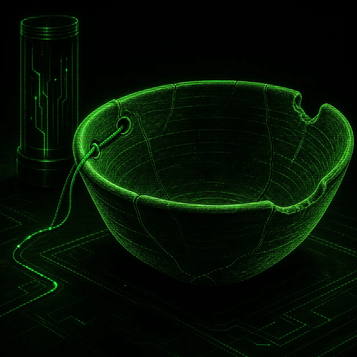 AI-generated illustration using OpenAI ImageGen A repaired prehistoric clay bowl rests under an inspection lamp, with a cord through two worn holes in its rim and one broken rim edge. Use case: …