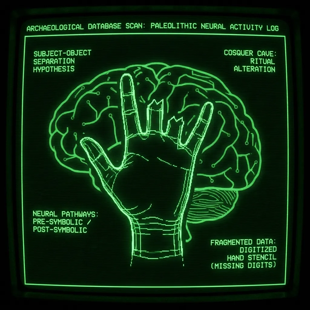 A fragmented wireframe silhouette of a human hand, with missing fingers indicated by broken lines and flickering data points, overlays a simplified, …