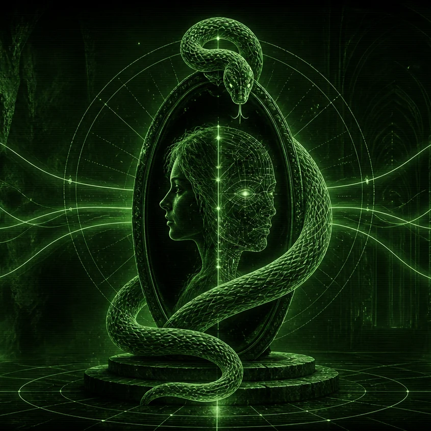 A blog hero image for a literary science-fiction novella visualizing the birth and contagious transmission of the first-person self: an ancient …