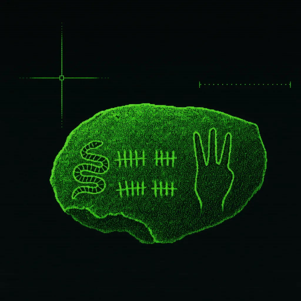 An engraved bone plaque with a coiled snake, two rows of tally notches, and the outline of a hand with two fingers folded, in green phosphor pixels.