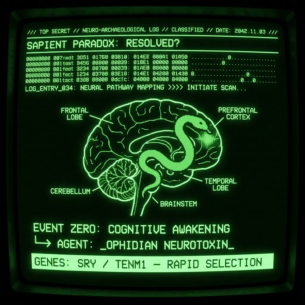 A scrolling data stream reveals a cross-section schematic of a human brain, where a serpent's silhouette emerges from the brainstem, coiling through …