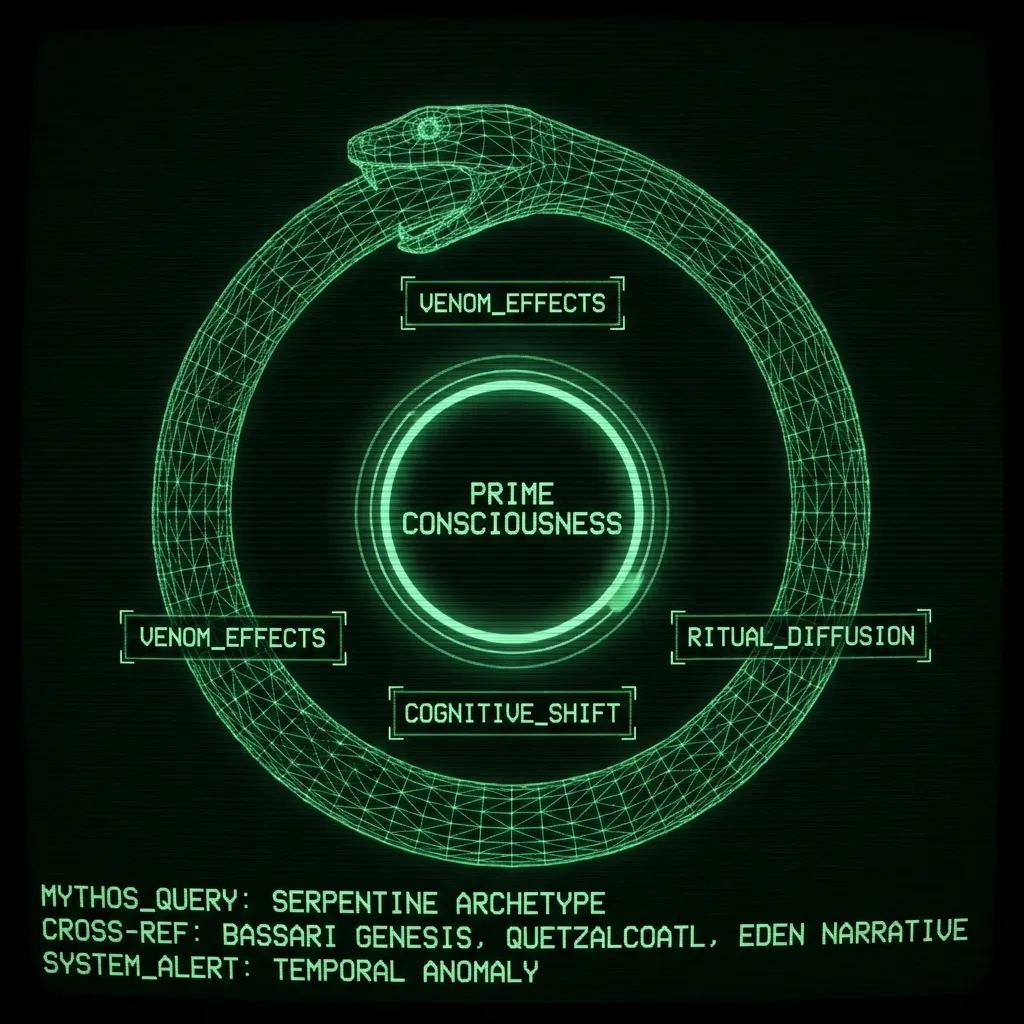 A wireframe rendering of an ouroboros-like serpent diagram, its head and tail coiling around a central, pulsing node labeled 'PRIME CONSCIOUSNESS'. …