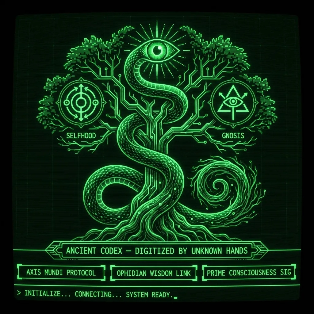 A stylized World Tree diagram, its trunk morphing into a serpent coiling skyward, its tail disappearing into the roots. Within its branches, abstract …
