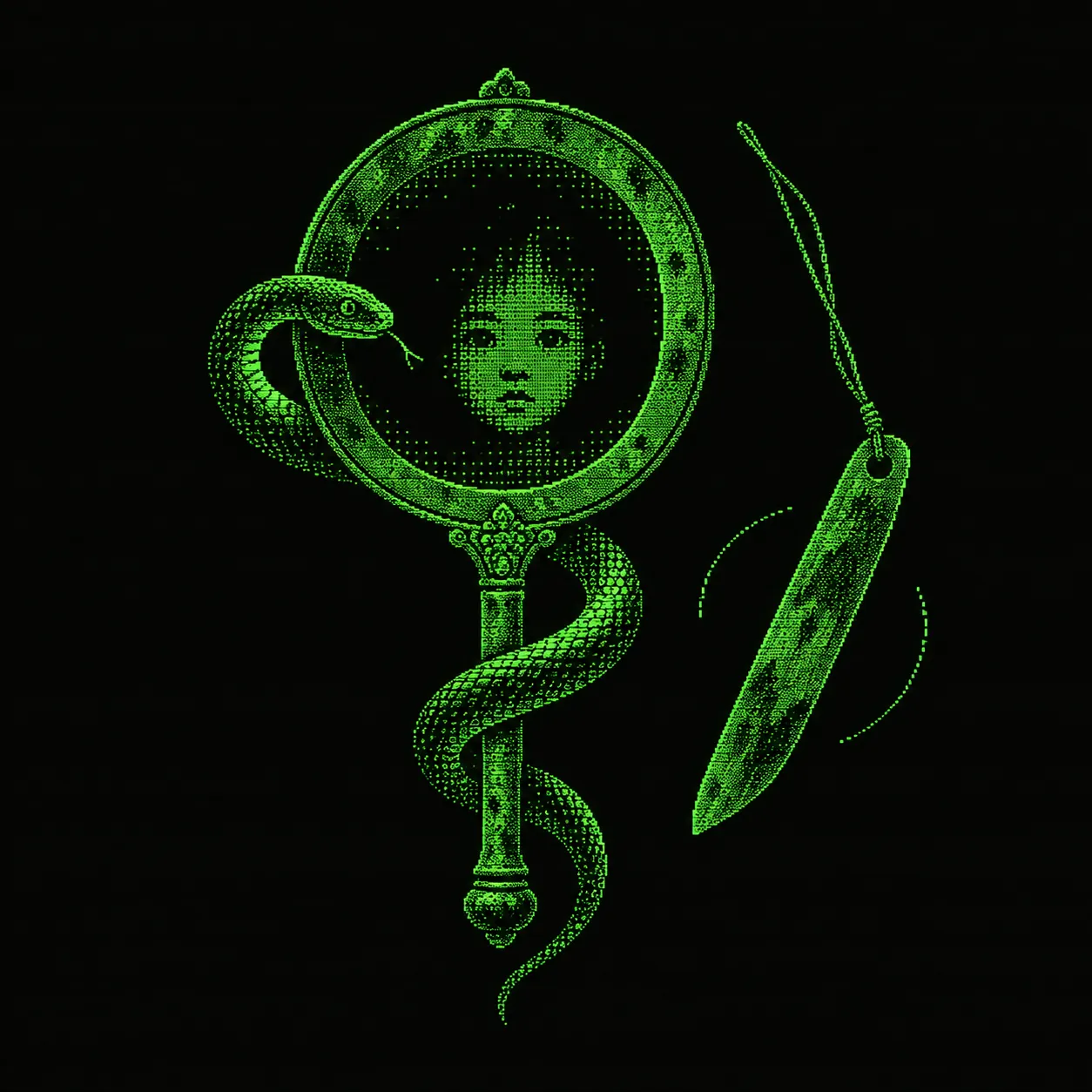 AI-generated cover A serpent coils around a handheld mirror reflecting a child's face, beside a bullroarer in green phosphor.