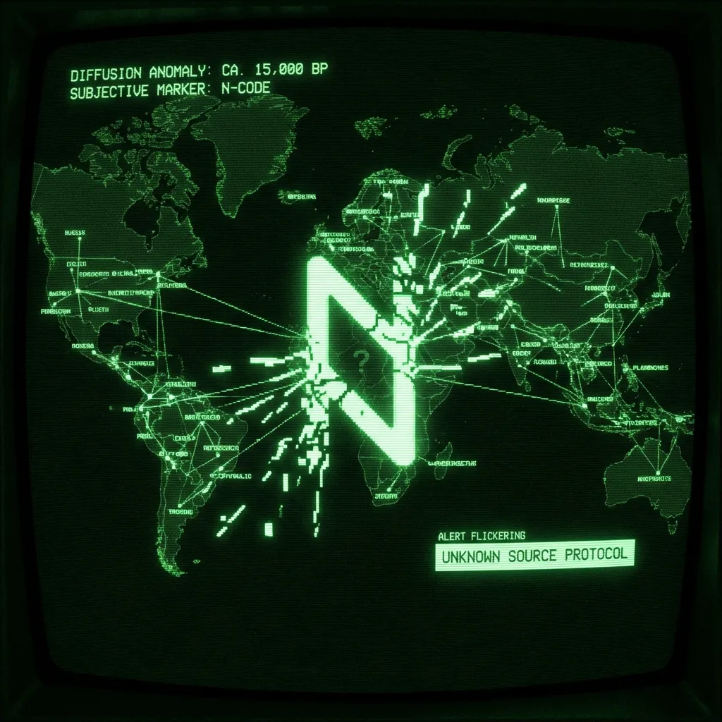 A complex, ancient-looking runic glyph, vaguely resembling a distorted 'N', fragments and expands into a rapidly shifting, interconnected diagram of …