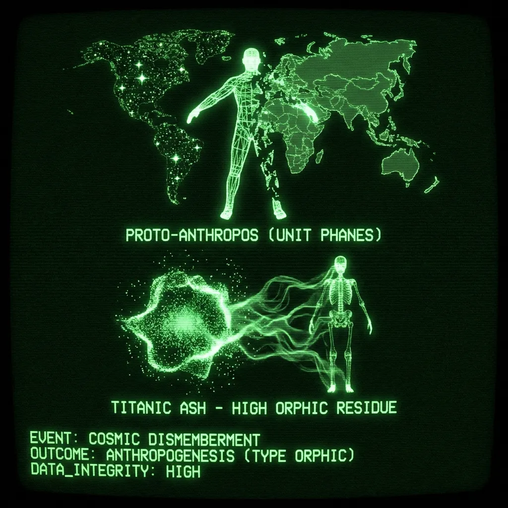 An archaeological database scan displays a primordial schematic figure, labeled 'PROTO-ANTHROPOS (UNIT PHANES)', dynamically fracturing into …