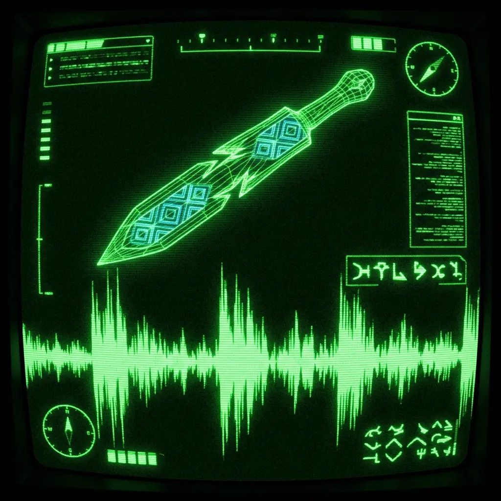 A mystical, esoteric illustration in dark green monochrome CRT terminal aesthetic (#00e300 on #0a0a0a). A high-contrast soundwave of a 'Tsin Ndi'ni' …