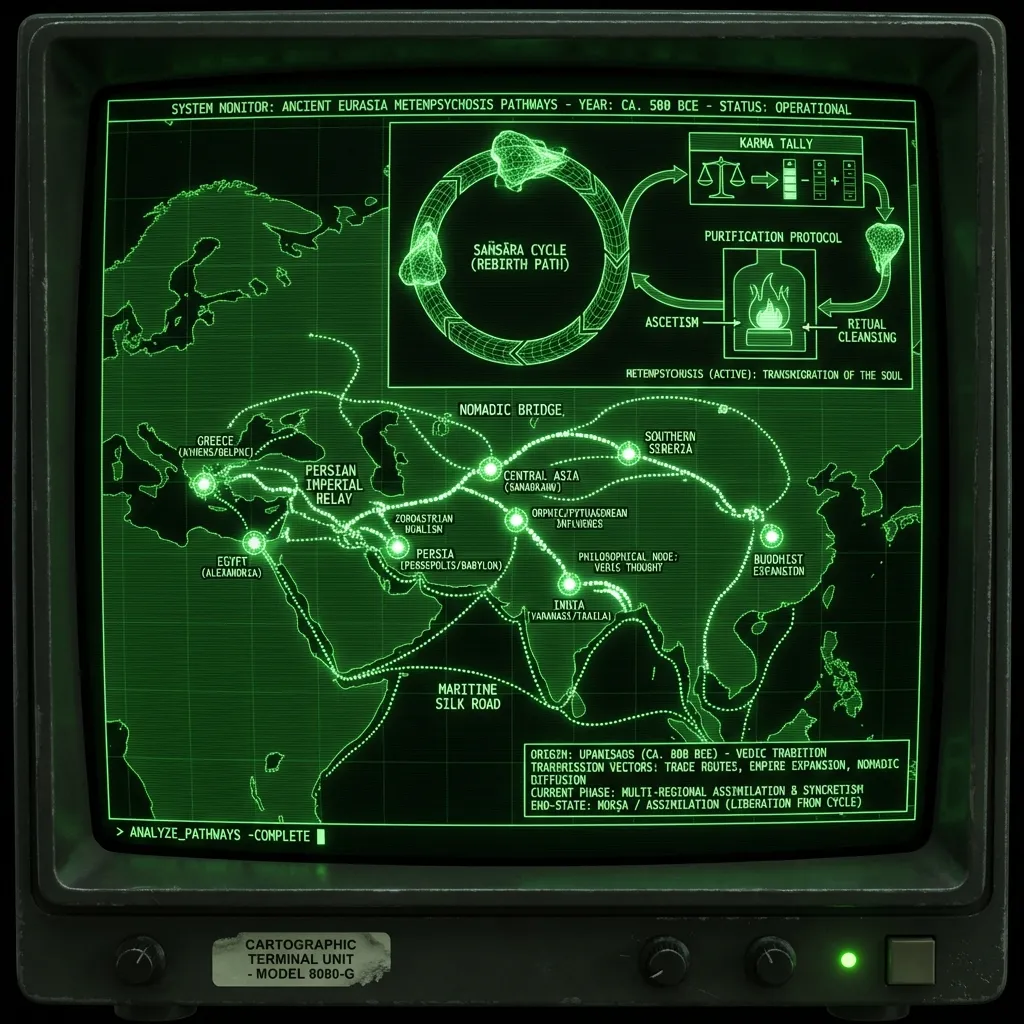 A complex cartographic terminal display maps the historical transmission paths of metempsychosis across ancient Eurasia. Glowing, dotted lines trace …