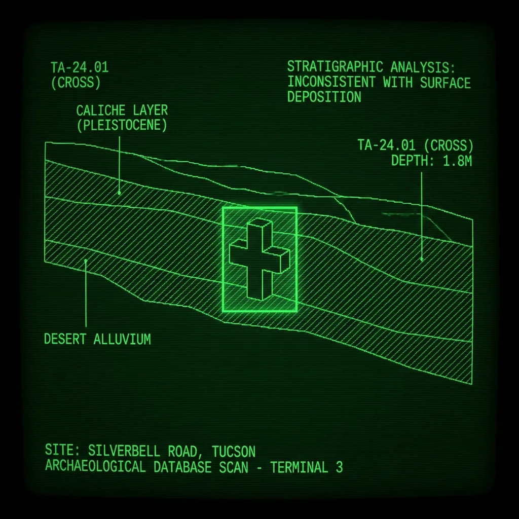 An archaeological database scan showing a wireframe geological cross-section of desert soil layers. A lead 'cross' artifact, labeled 'TA-24.01 …