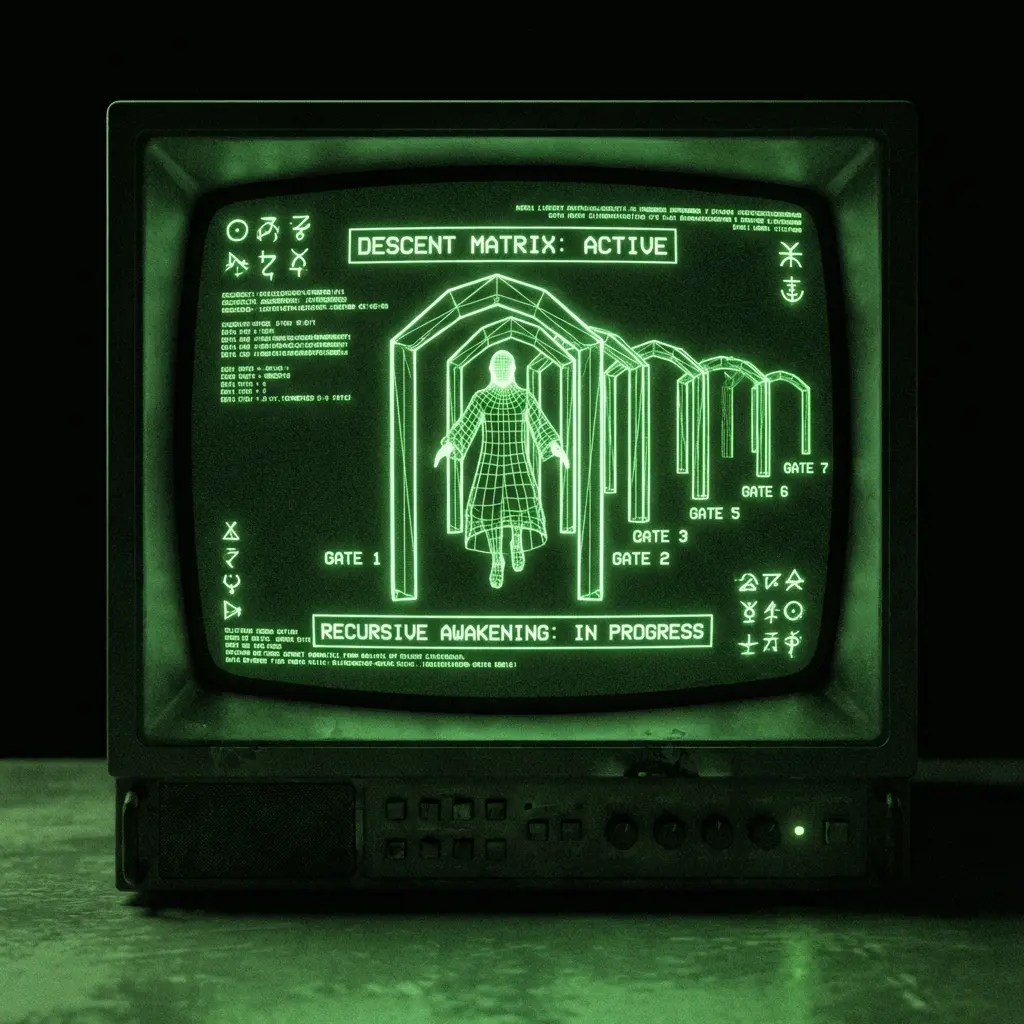 A mystical, esoteric illustration in dark green monochrome CRT terminal aesthetic (#00e300 on #0a0a0a). A 3D wireframe silhouette of a goddess …