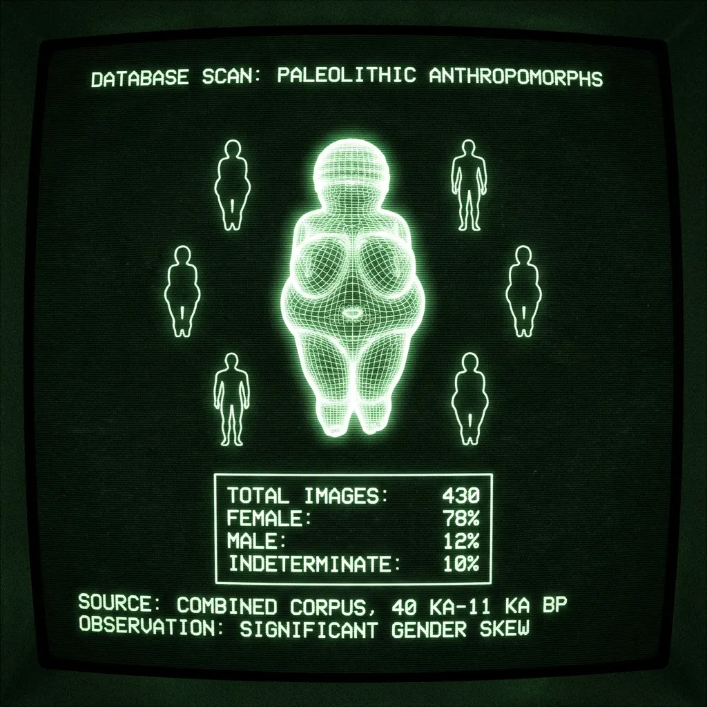 An archaeological database scan retrieves an entry for 'PALEOLITHIC ANTHROPOMORPHS'. A wireframe schematic of a female 'Venus' figurine pulses at the …
