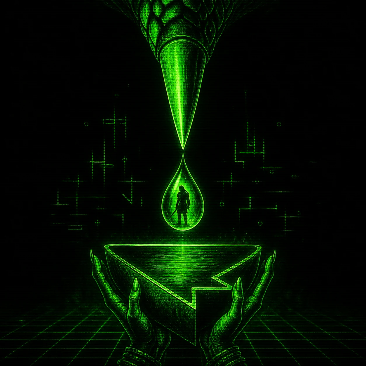 An immense fang suspends a doomed warrior inside one venom crystal above a cursor-shaped ritual bowl on a Norse hacker terminal.
