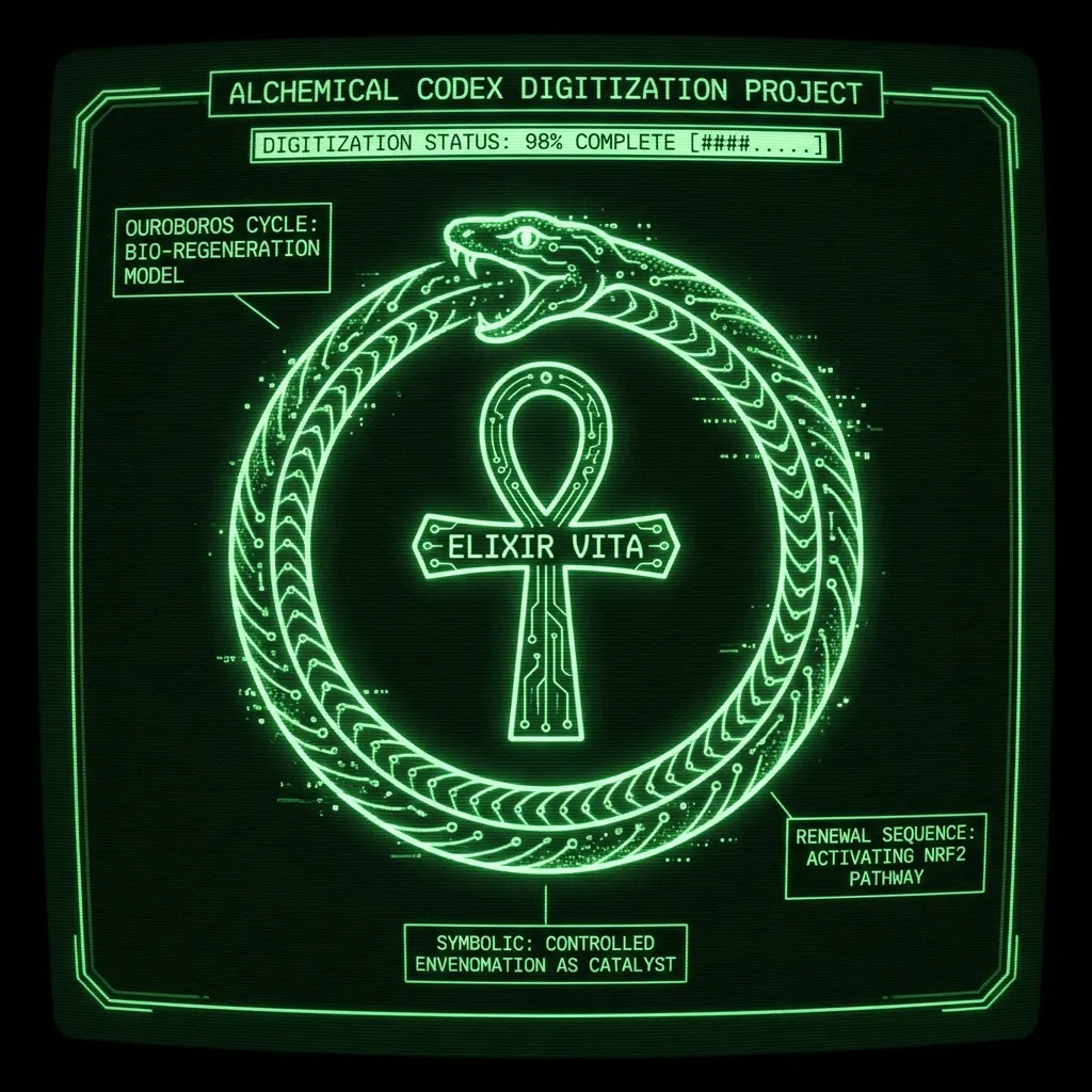 A stylized Ouroboros, composed of circuit-like segments, coils around a central ankh-like symbol labeled "ELIXIR VITA". The serpent's head appears to …