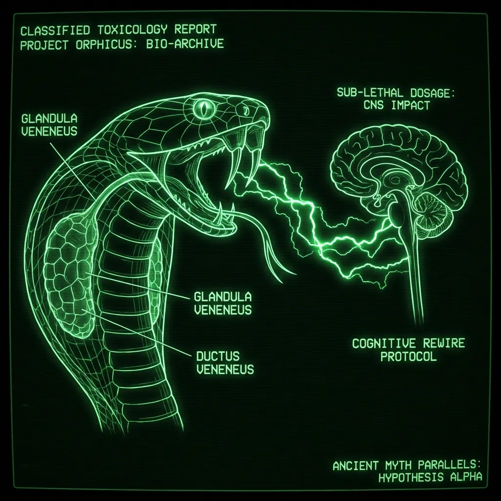 A detailed wireframe schematic of a cobra's fangs and venom glands, with an ethereal, jagged current, representing neurotoxic venom, *pulses* from the …