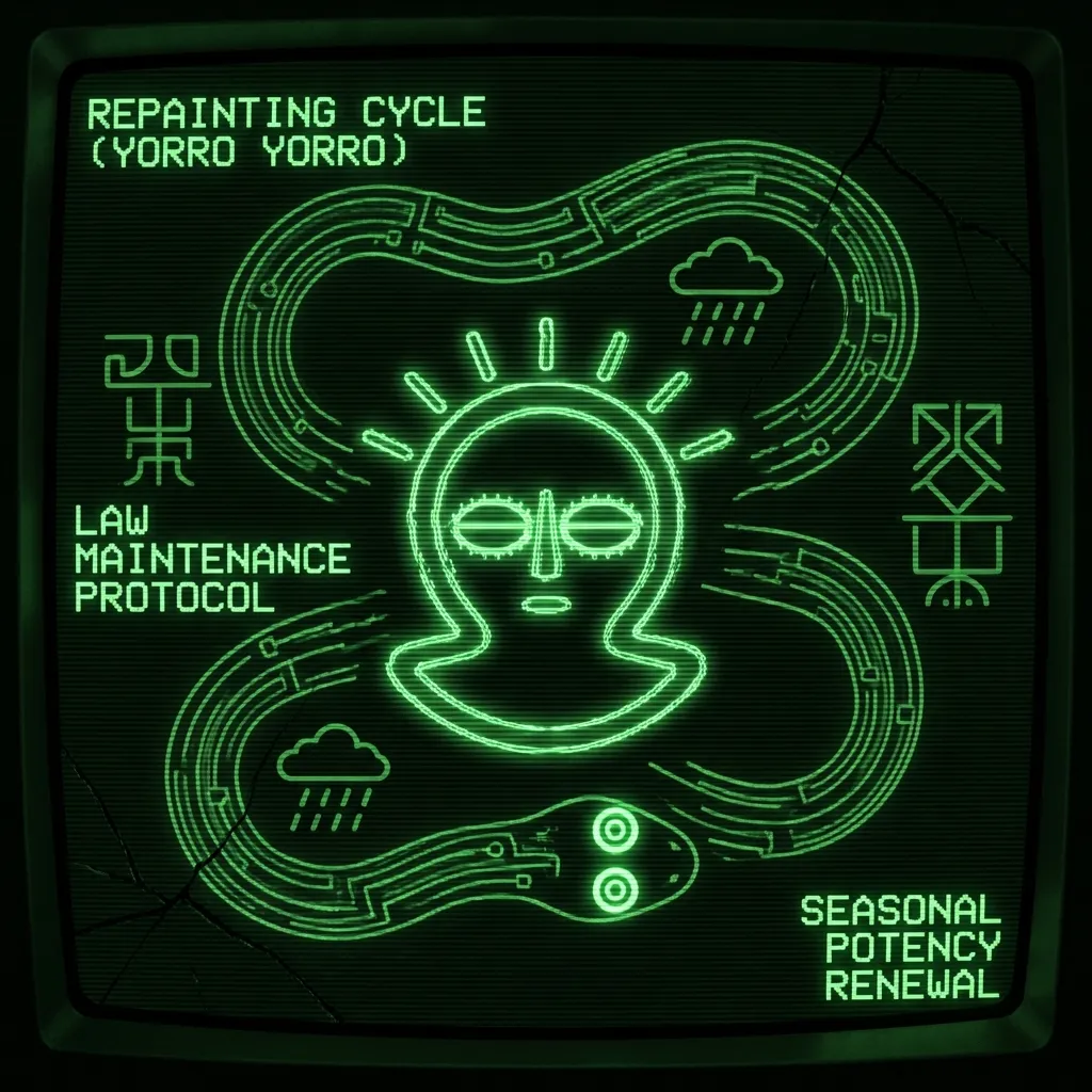 A dynamic ritual schematic, as if from an ancient codex digitized by unknown hands. A stylized, mouthless Wandjina head, rendered as a glowing …