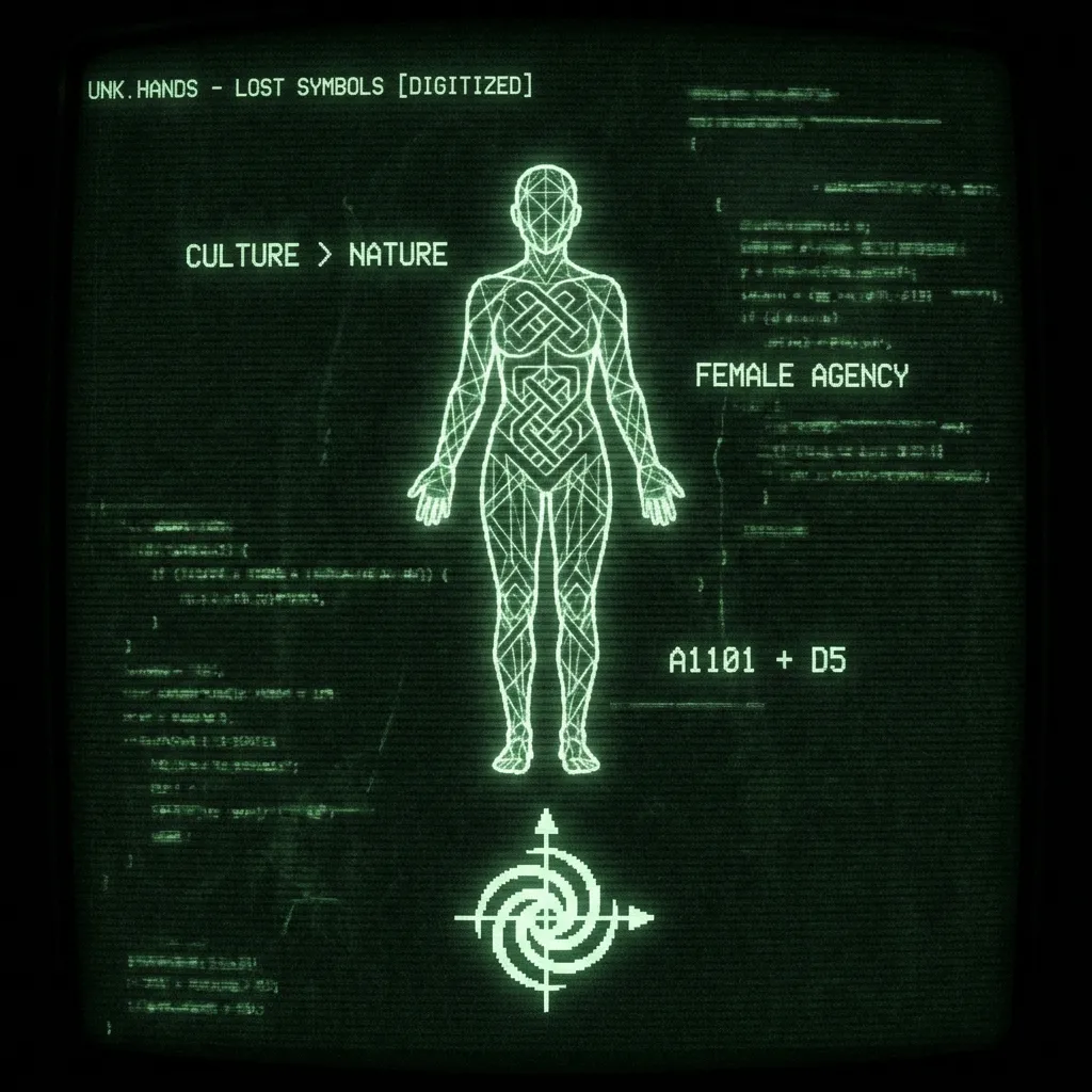 A central stylized human silhouette, composed entirely of interlocking wireframe threads and geometric knots, rendered as an ancient codex—digitized …