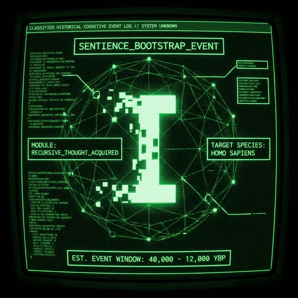 A classified historical cognitive event log from an unknown, advanced system displays a single, bold 'I' character, initially fragmented into a data …