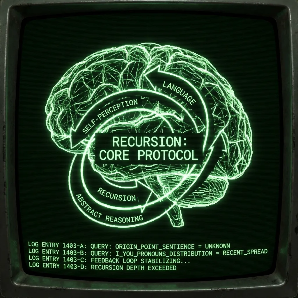 A complex recursive feedback loop diagram coils at the center of a stylized cerebral hemisphere wireframe. Text labels within the loops glow: …