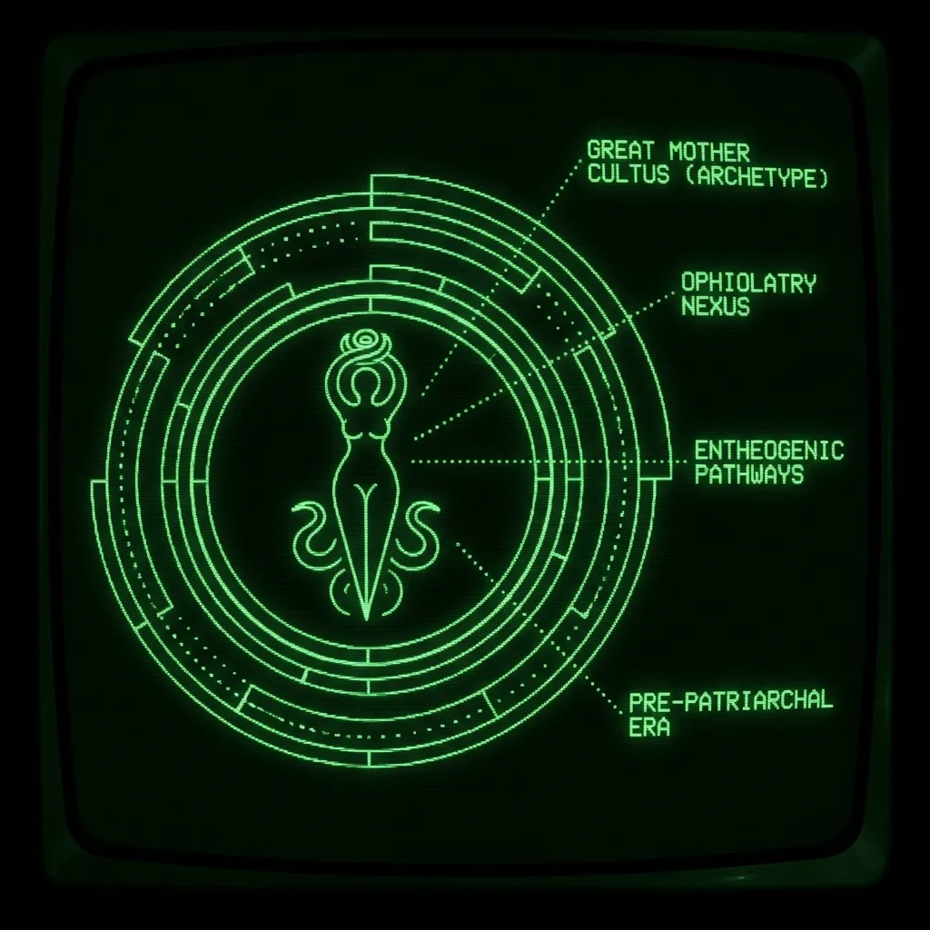 A cartographic terminal display maps an abstract, recursive spiral pattern **coils** outward, representing altered states of consciousness. At its …