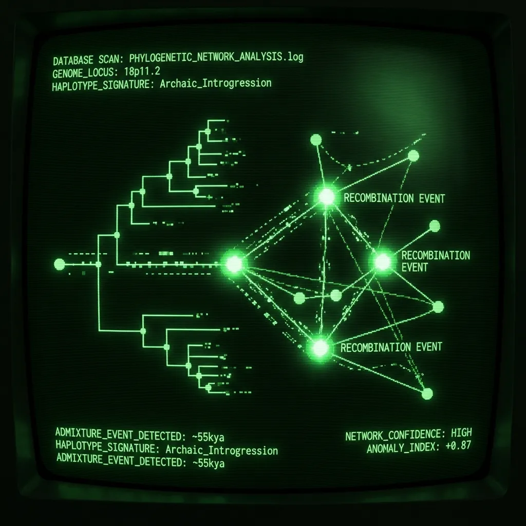 An archaeological database scan displaying a fragmented phylogenetic tree transforming into a complex network. Major nodes glow, indicating …