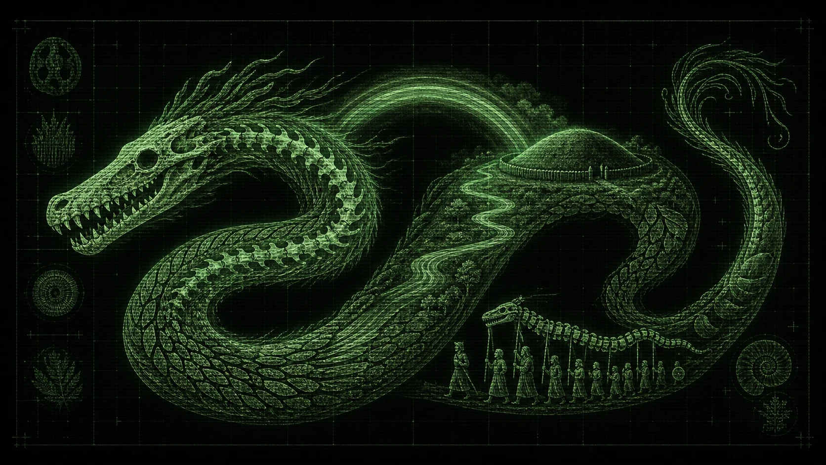 A wide editorial illustration in the dark green monochrome phosphor CRT aesthetic of snakecult.net. One coherent serpentine dragon is being assembled …