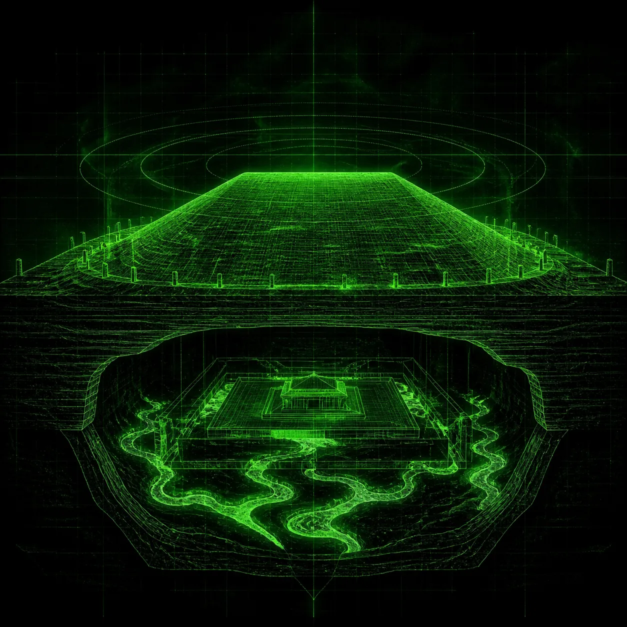 Square editorial magazine cover, no text. Dark green monochrome CRT terminal archaeological cutaway of Qin Shi Huang's sealed earthen mound on …