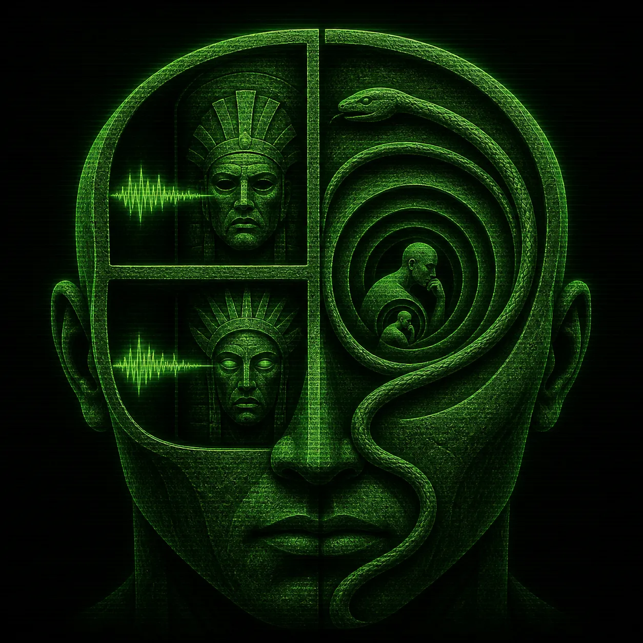 AI-generated cover A monumental human head split vertically: bicameral chambers containing commanding god-masks and voice waveforms on the left, transforming into a …