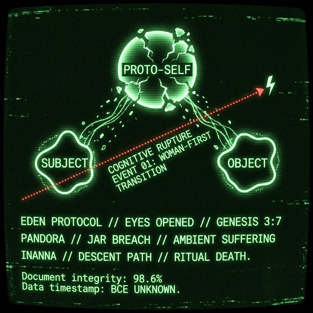 A neural network diagram, rendered as an archaeological database scan. A central node labeled 'PROTO-SELF' fragments, splitting into two distinct, …