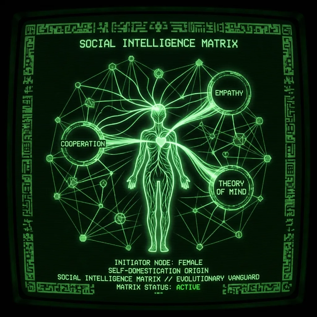 A stylized, abstracted female silhouette forms the central node of a complex, branching neural network diagram. From the silhouette's 'head' and …