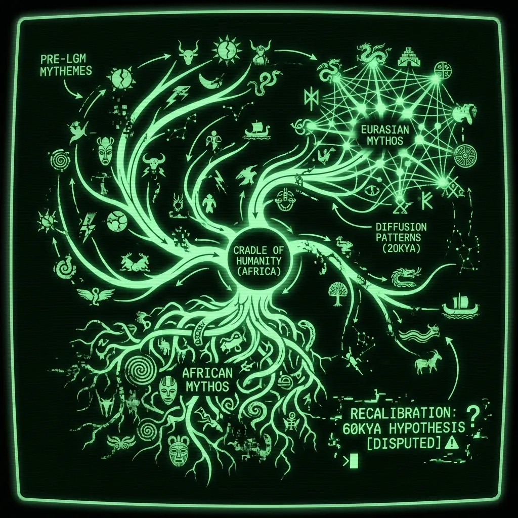 A stylized, branching diagram coils outwards from a central point labeled 'CRADLE OF HUMANITY (AFRICA)'. The branches represent migratory paths, with …
