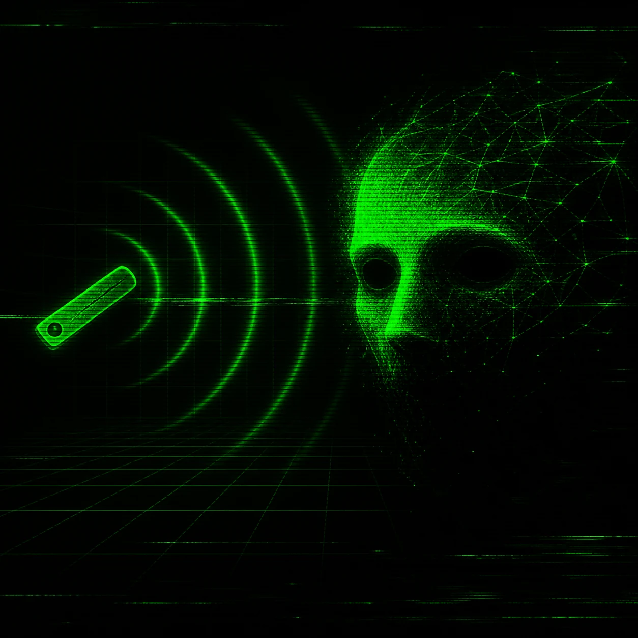 A bullroarer transmits three waves that summon a half-rendered artificial face with empty eyes from a hostile 1980s mainframe void.