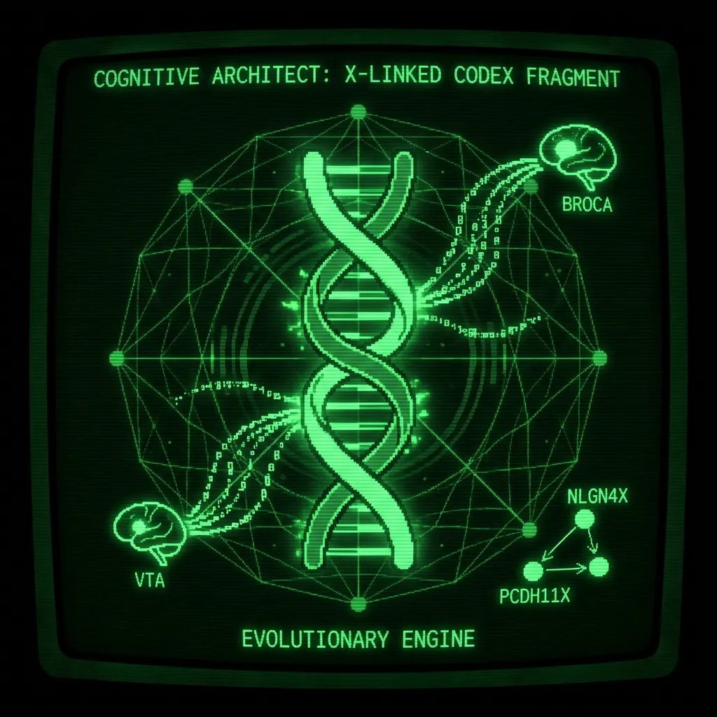 Two stylized, interlocking 'X' chromosomes, forming a dynamic double helix, at the center of a complex, pulsing neural network diagram. Tendrils of …