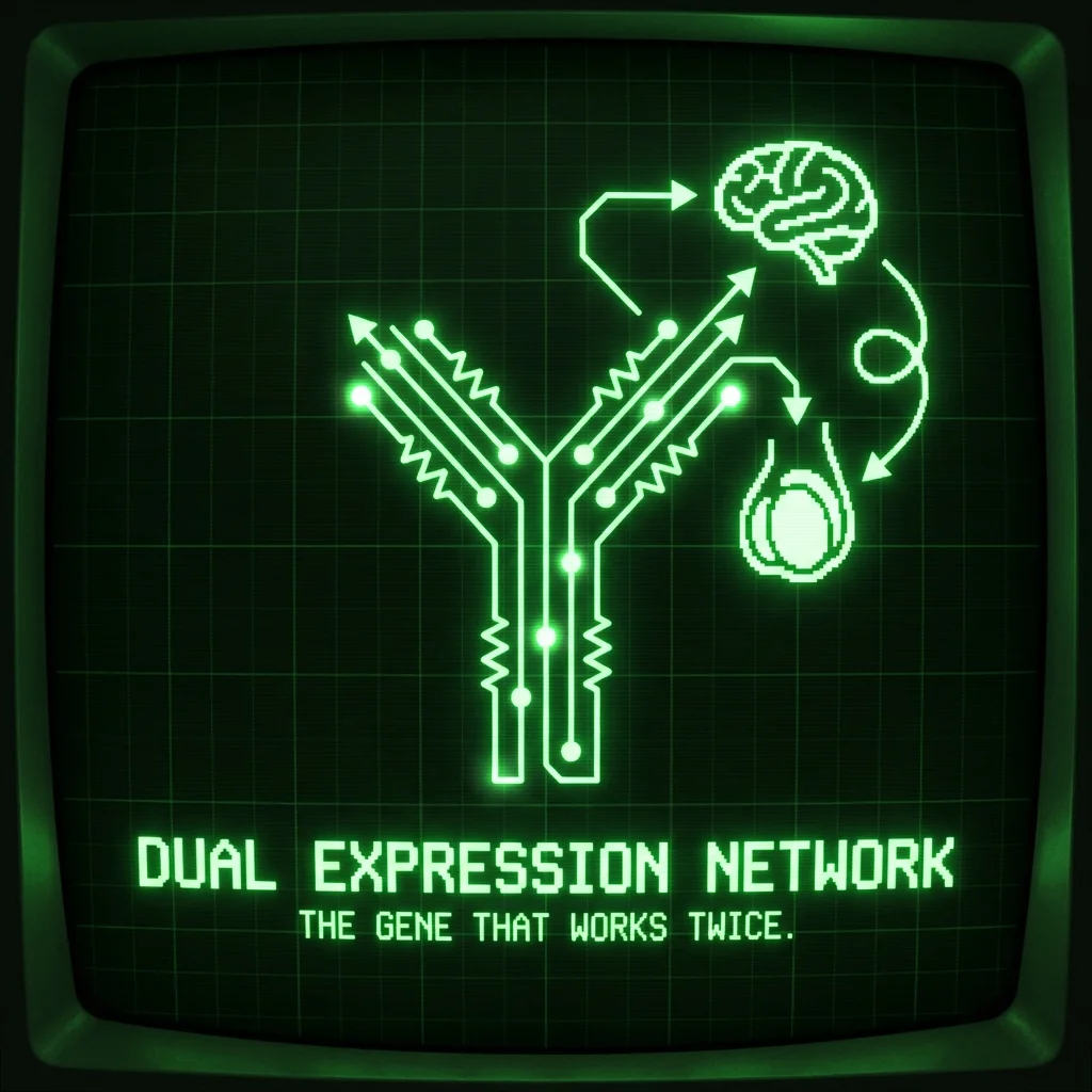 A Y chromosome rendered as a circuit board. Some circuits lead to a simplified brain icon, others to a simplified testis icon. The same pathways serve …