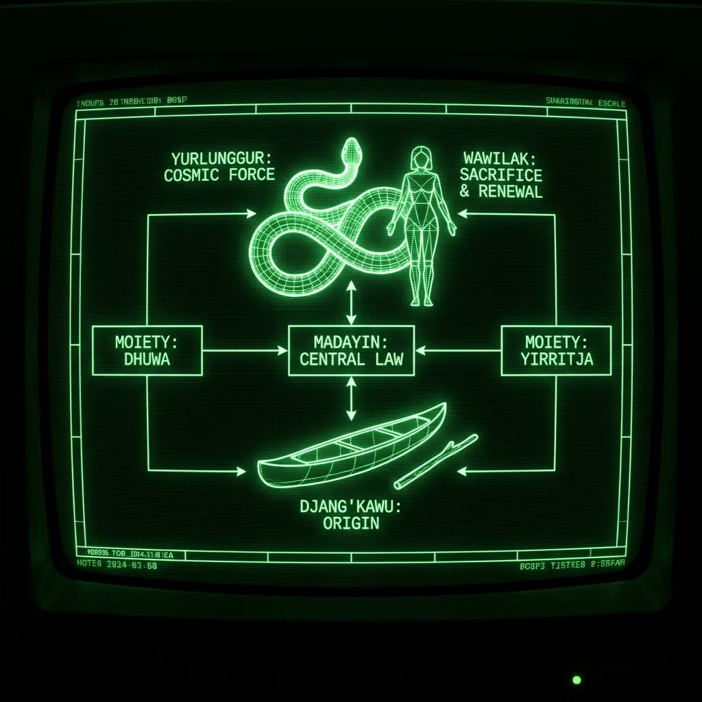 A dynamic wireframe schematic of a coiled Rainbow Serpent (Yurlunggur) emerges at the center, its form radiating energy. Abstract female silhouettes, …