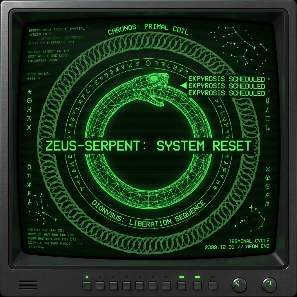 An ancient codex, digitized into a cartographic terminal display, visualizes the cosmic cycle. A central, active ouroboros formed by a wireframe …