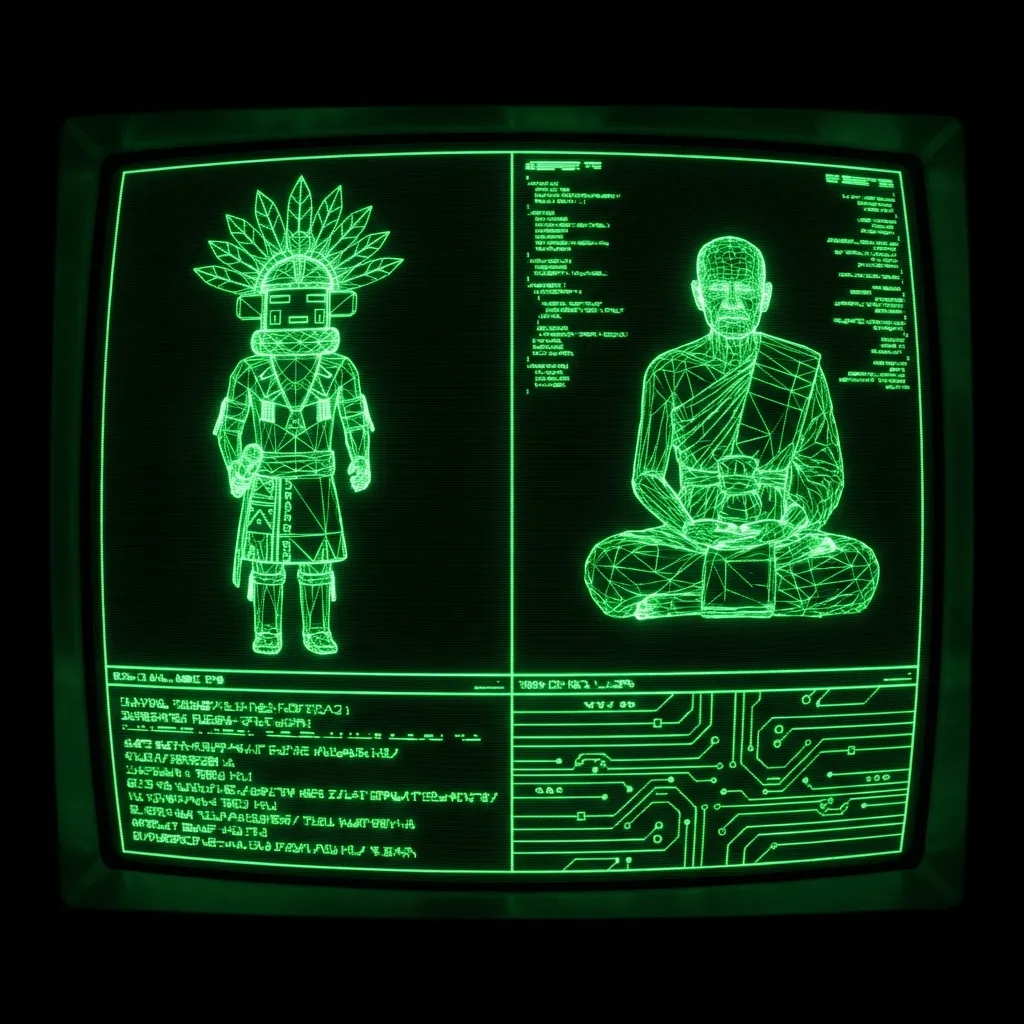 A high-contrast illustration in the Esoteric Phosphor aesthetic (#00e300 on #0a0a0a). A split-screen display showing a 3D wireframe Zuni Shalako …