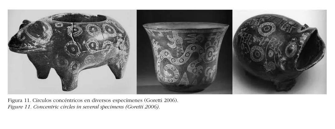 Three Aguada vessels, including a serpent vessel, covered in concentric circular motifs