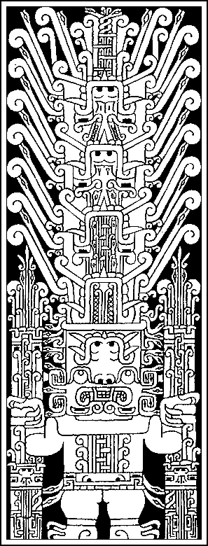 Line drawing of the Raimondi Stela showing a fanged being with serpent-filled headdress and staffs