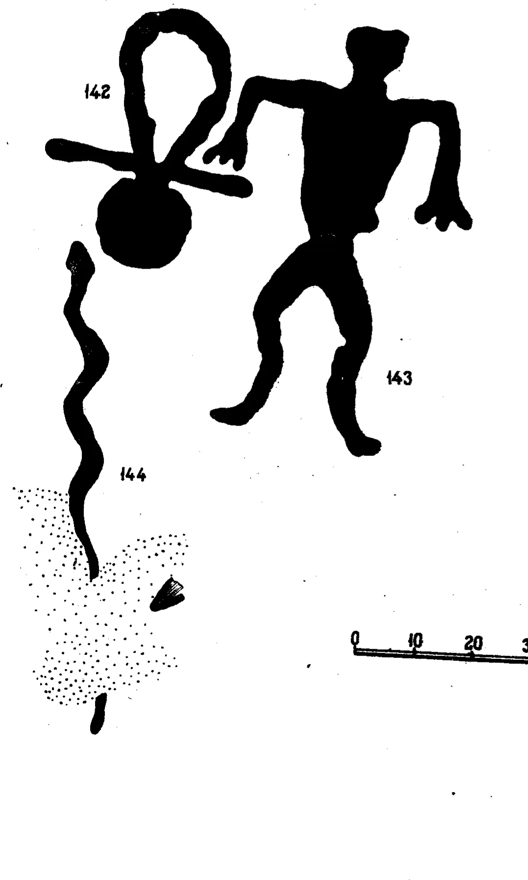 Ravdonikas Plate 17 tracing of Old Zalavruga catalogue numbers 142, 143, and 144: looped sign, human, and snake