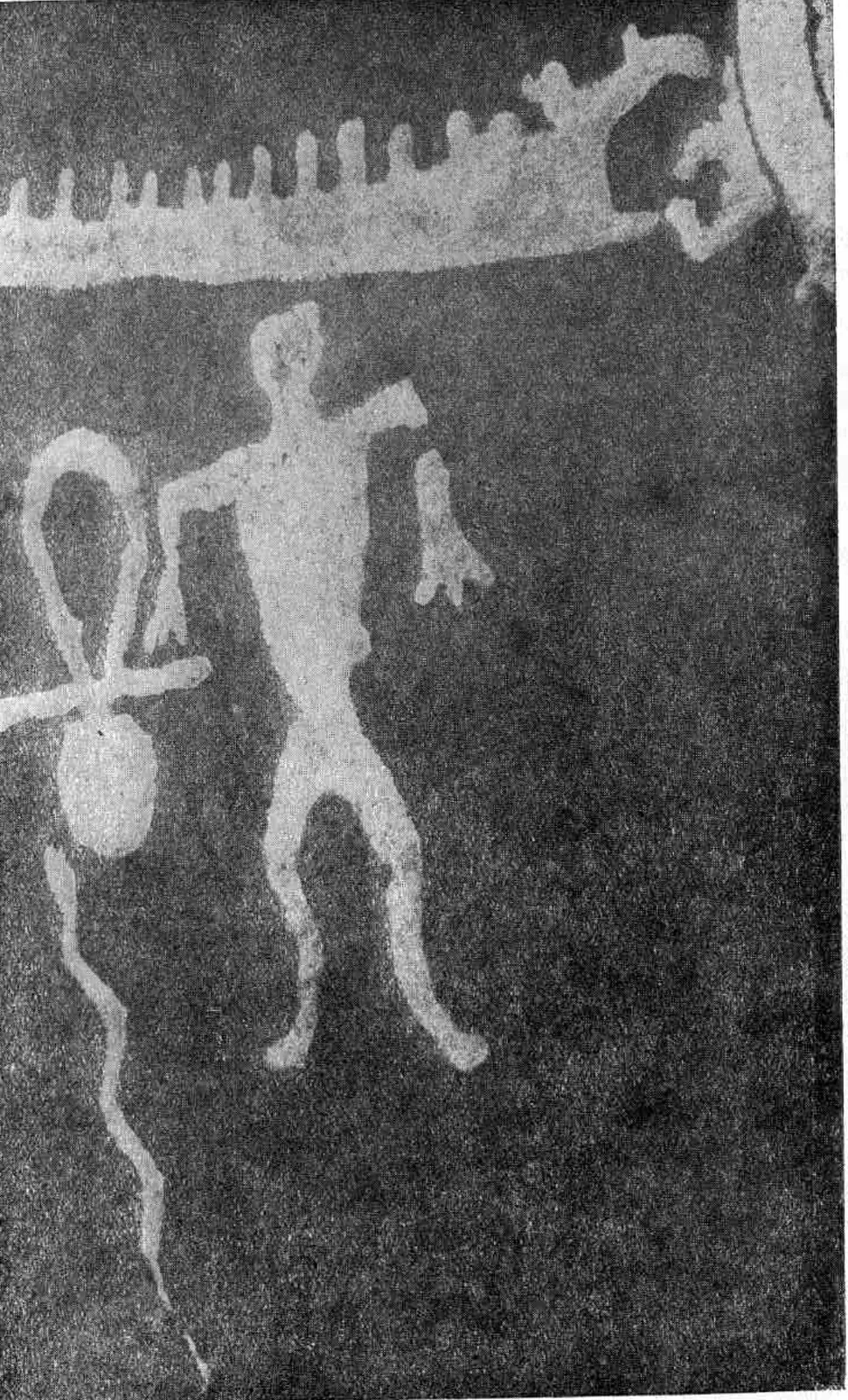Rotated 1938 photograph of the Old Zalavruga petroglyph showing an ankh-like sign, a human figure, and a serpent